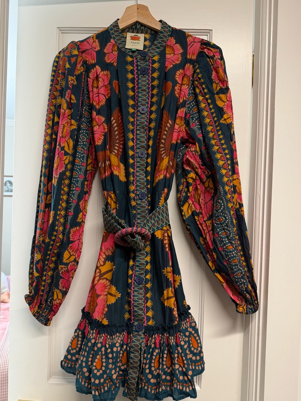 FARM RIO - Boho Floral Belted Mini Dress - Navy, Pink & Orange - Picture 4 of 4